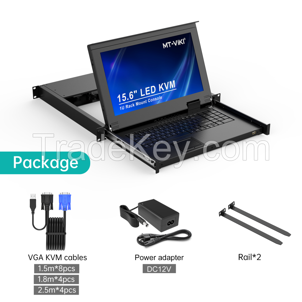 15.6" LCD KVM Switch 16 Port VGA + 16 Cables, MT-VIKI 15.6 Inch 1U Rackmount LCD KVM Switch Drawer Console 16x1