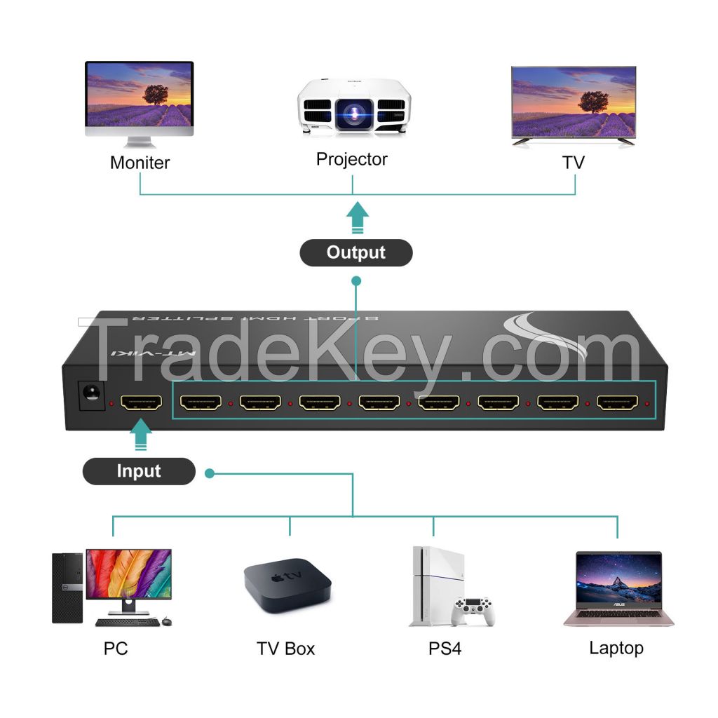4K 30HZ HDMI Splitter 1 in 8 Out 1x8 ,  MT-VIKI 1x8 1 Computer 8 Monitor + Power Adapter HDMI Splitter