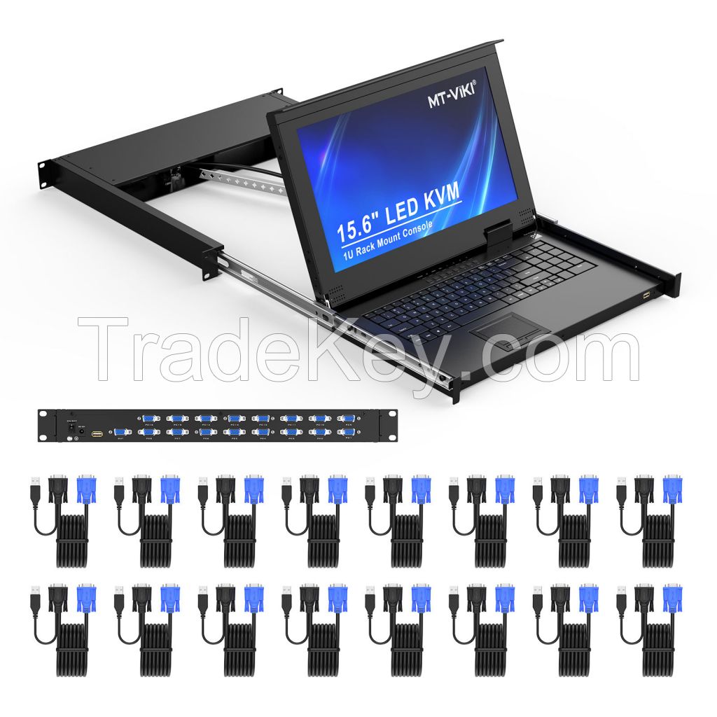 15.6" LCD KVM Switch 16 Port VGA + 16 Cables, MT-VIKI 15.6 Inch 1U Rackmount LCD KVM Switch Drawer Console 16x1