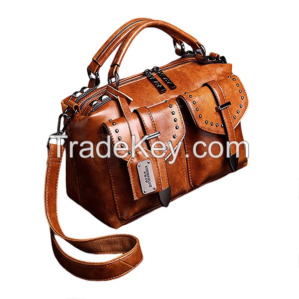 Stylish Vintage Leather Satchel Shoulder Bag High Quality Fashion Handbag Large Capacity Sling Purse Long Strap Crossbody Bag New Designer Big Tote Rivets Messenger Bag Office Work Briefcase