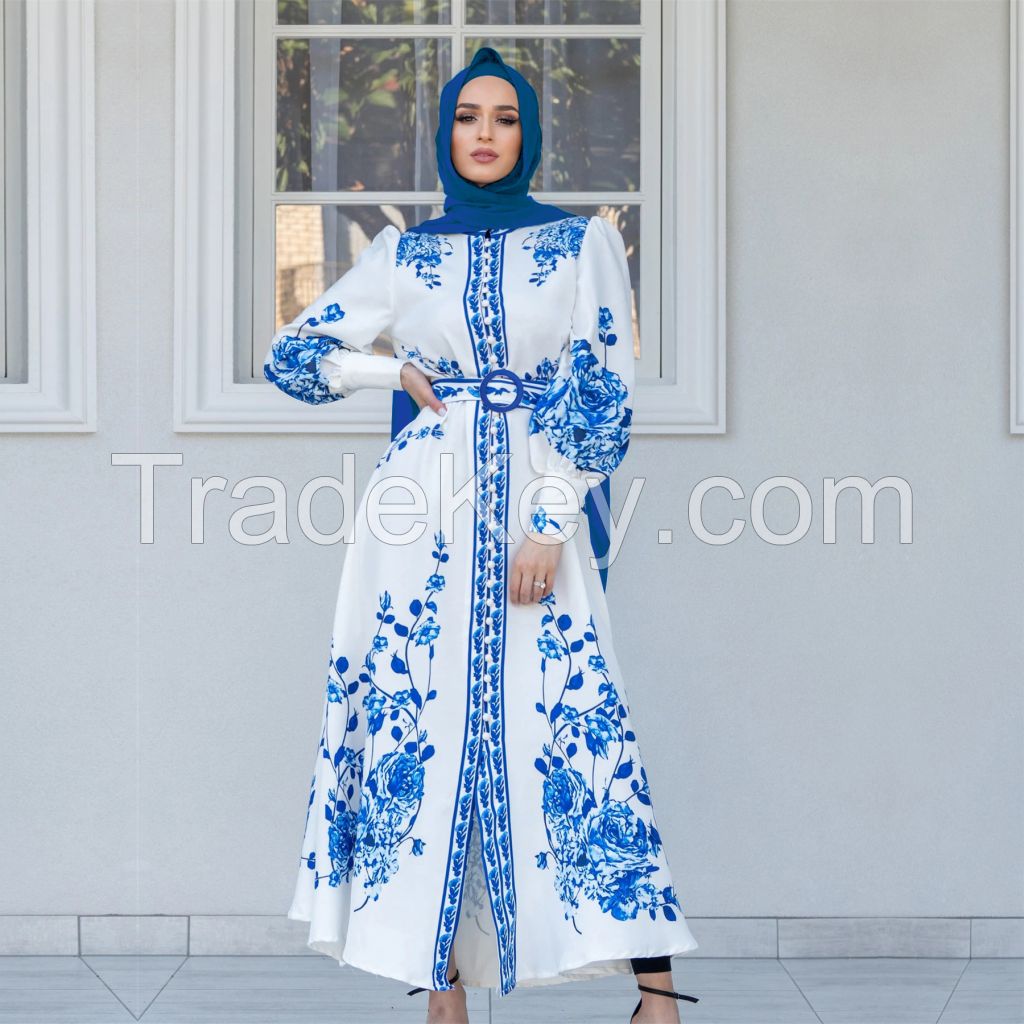 Women Muslim Abayas printed Long Sleeve Formal button down Full Cover Islamic Dubai Robe Prayer Clothes dress Kaftan