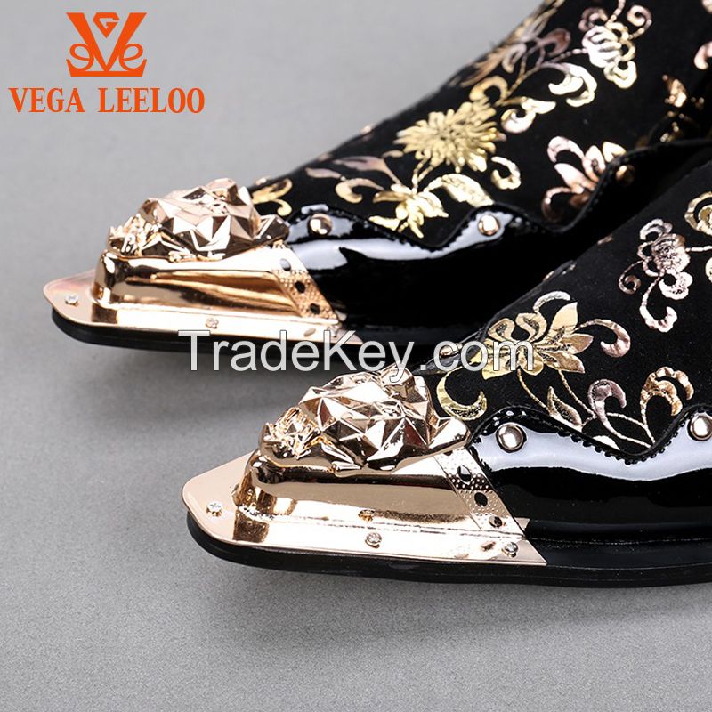 Men Fashion trendy wedding Shoes Black Gold Design Men Business Party Dancing Dress Shoes Point Toe Genuine Leather Oxford shoes