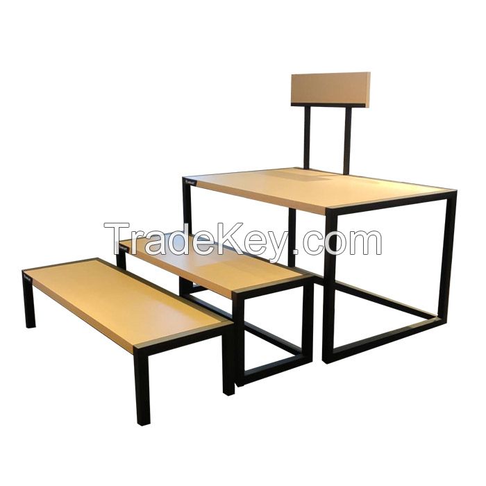 Industrial Stackable Display Table with Wood Pattern