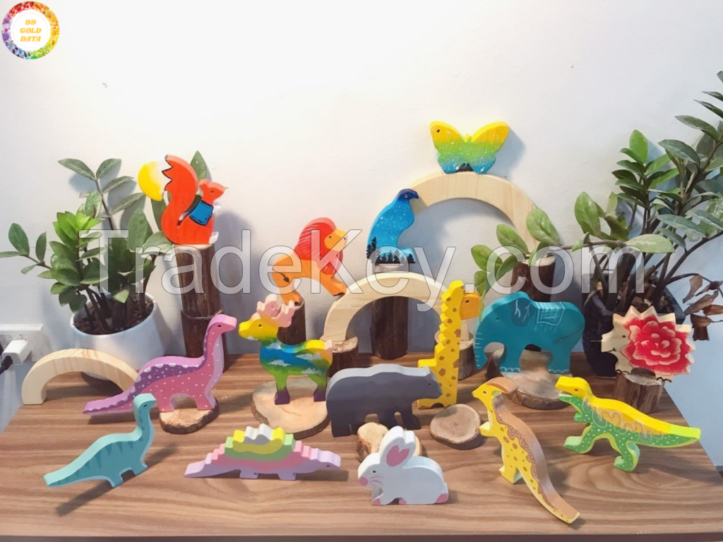 Wooden Animals Handmade Basswood Stacking Blocks Toys Forest Trees Lion Elephant 