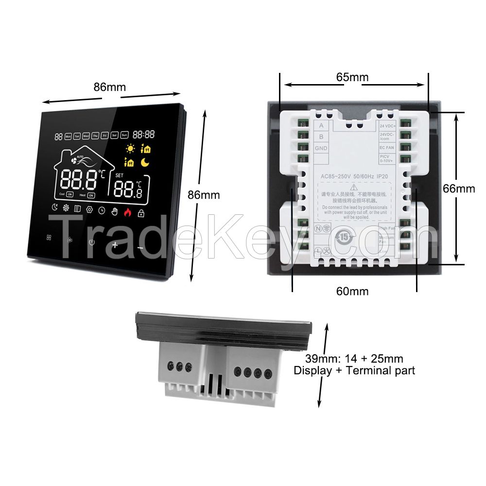 2 Pipe RS485 Modbus Hotowell FC09 On Off EC Fan Thermostat with VA Negative Screen