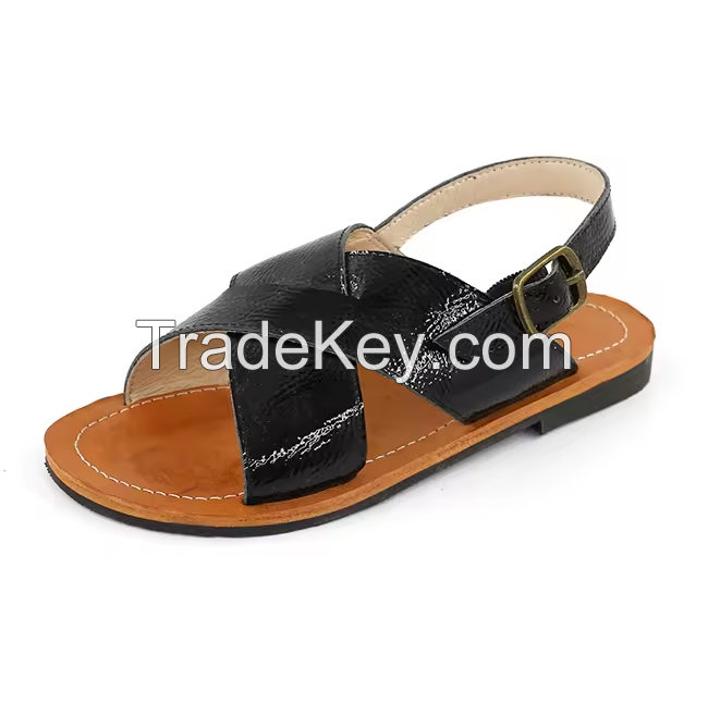 Brand OEM Design Custom Logo Made PU Leather Cross Strap Casual Flat Boy Sandal