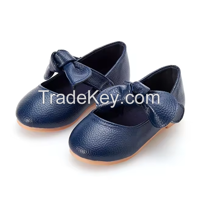 Blue Front Bowknot Decoration Mary Janes Design School Toddler Kids Little Girl Dress Ballet Flats Shoes