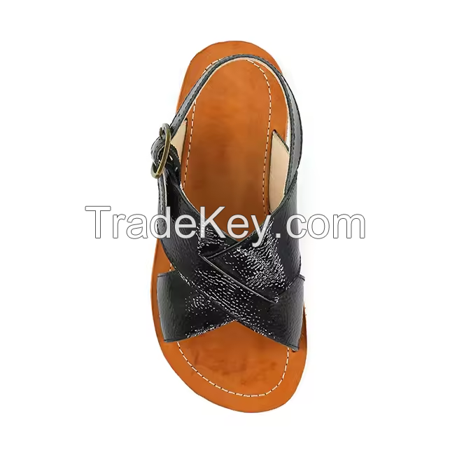 Brand OEM Design Custom Logo Made PU Leather Cross Strap Casual Flat Boy Sandal