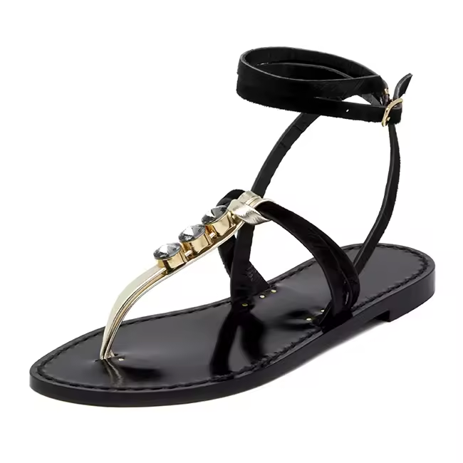 Buckle Ankle Strap With Rhinestone Beach Travel Women Flat Thong Sandal