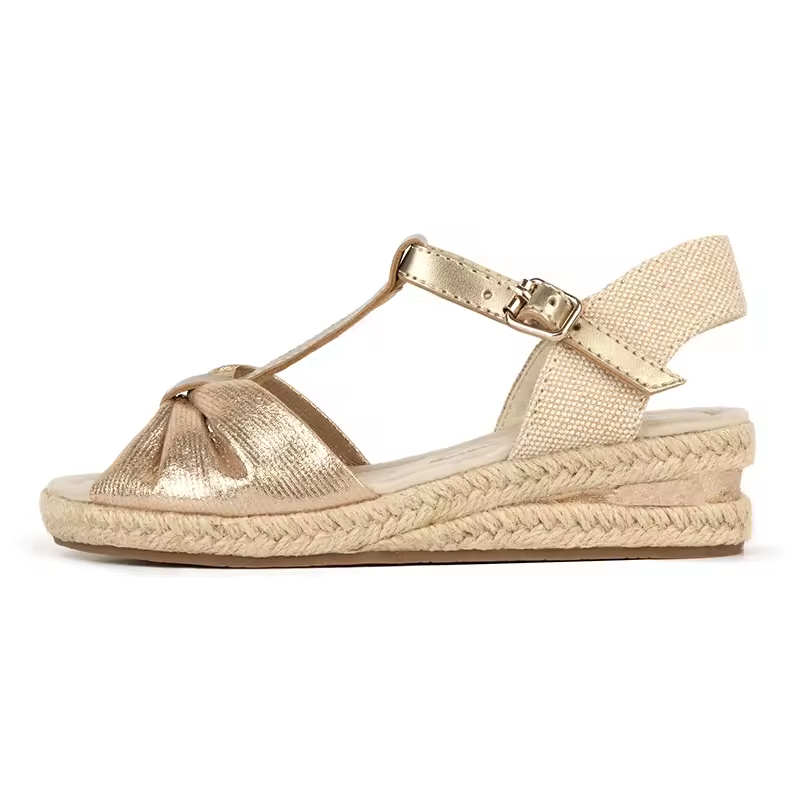 Golden T Strap Princess Pretty Party Dress Low Heel Espadrille Wedge Sandal For Little Girl