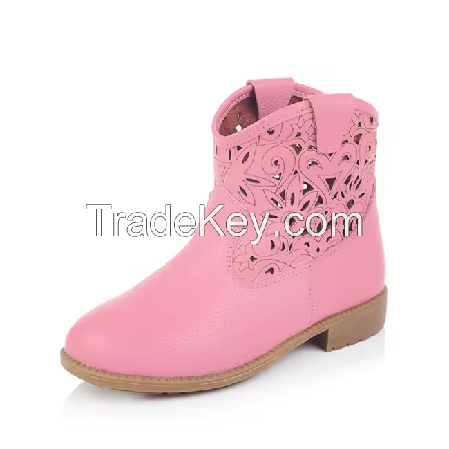 Fashion Comfort Slip-On Ronud Toe Leather Upper Laser Out Hole Little Kids Girl Western Cowboy Boot