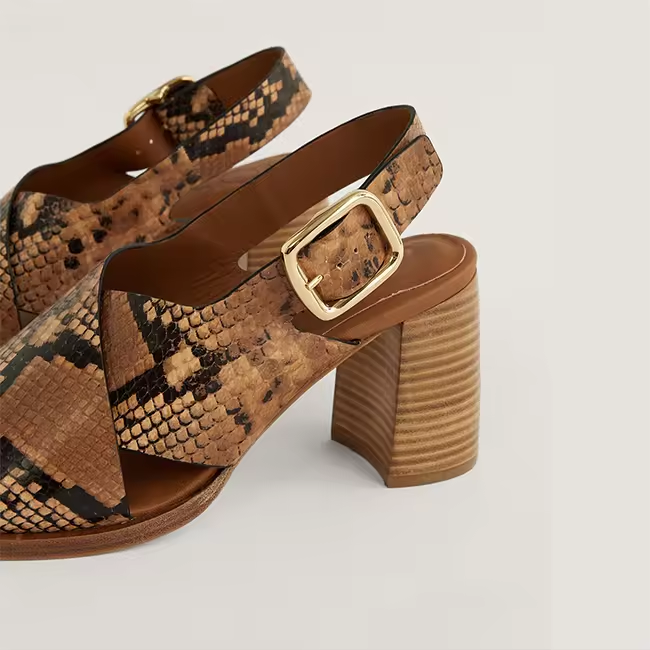 Buckle Strap Snakeskin Crisscross Strappy Chunky Stacked Wood Heel Sandals