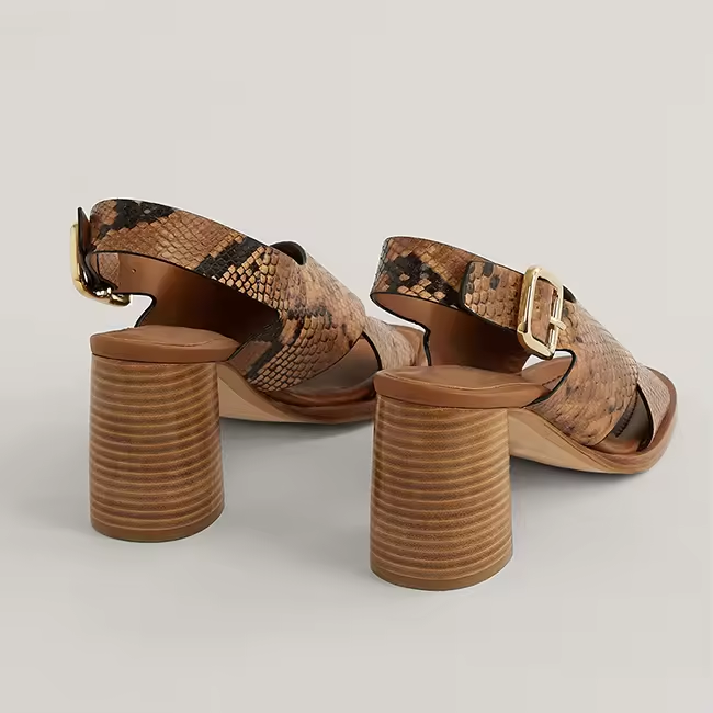 Buckle Strap Snakeskin Crisscross Strappy Chunky Stacked Wood Heel Sandals