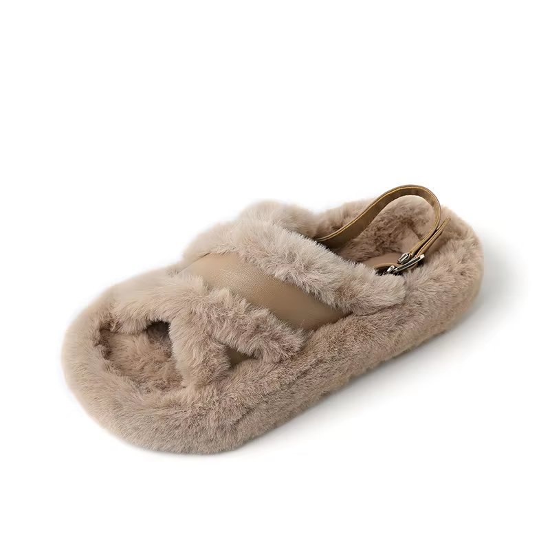 Khaki Platform Sandals Cross Strap Girls Flat Sandals Fluffy Fuzzy Sheep Fur