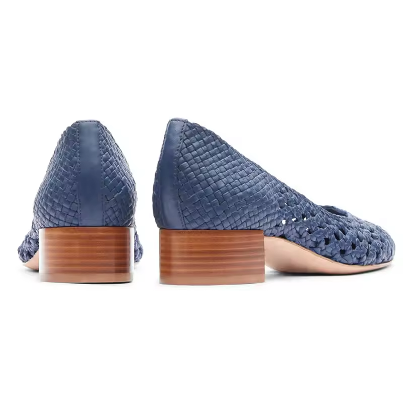 Fashion Slip On Cushioned Office Navy Blue knit Leather Weave Wooden Ladies Heels Shoes