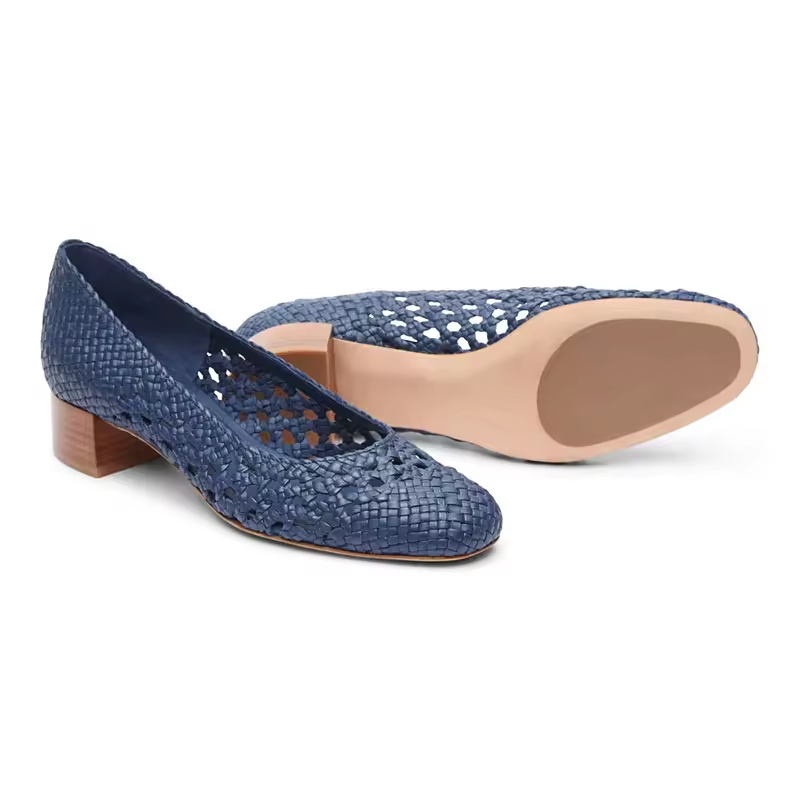 Fashion Slip On Cushioned Office Navy Blue knit Leather Weave Wooden Ladies Heels Shoes