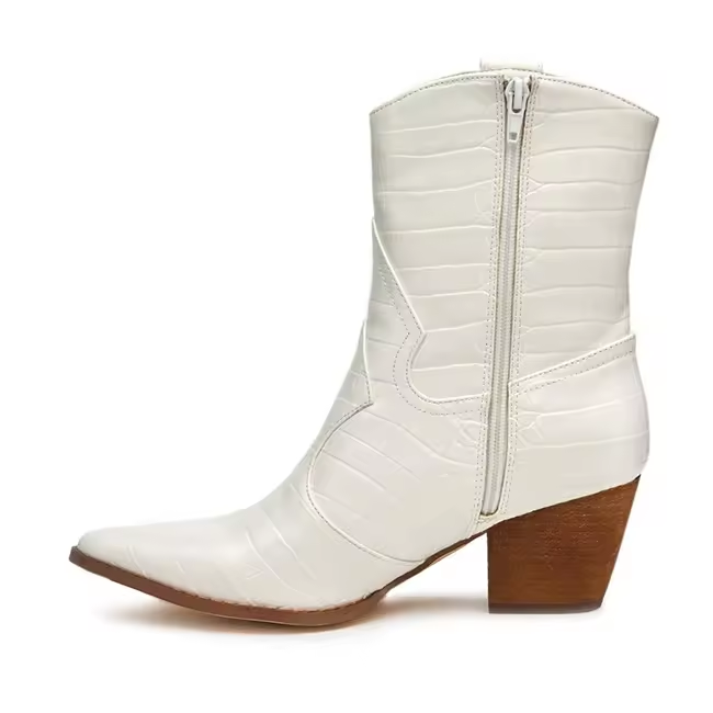 Chunky Mid Heel Zip Up Comfort Booties White Women Ladies Western Cowboy Ankle Boots