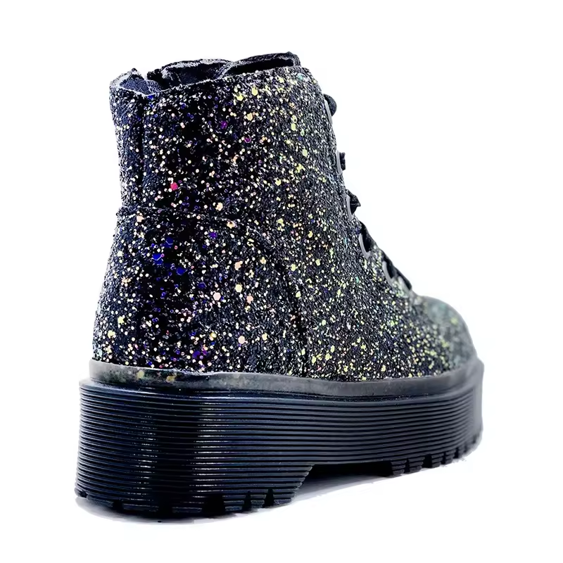 Casual Side Zipper Bling Bling Glitter Thick Bottom High Top Woman Lace Up And Zipper Up Ankle Boots