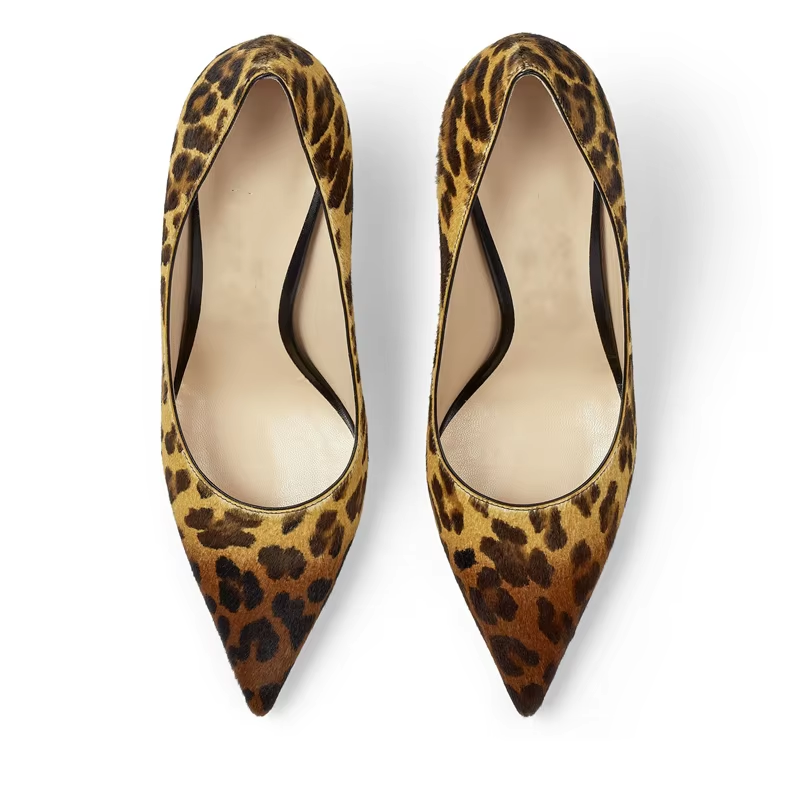 Fashionable high quality leopard leather women pumps pointed toe shoes luxury high heels for ladies