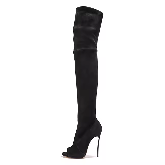 Pep Toe Design Black Stretchy Suede Leather Upper Stiletto Thigh High Long Women Over The Knee Boots