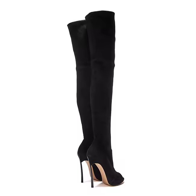 Pep Toe Design Black Stretchy Suede Leather Upper Stiletto Thigh High Long Women Over The Knee Boots