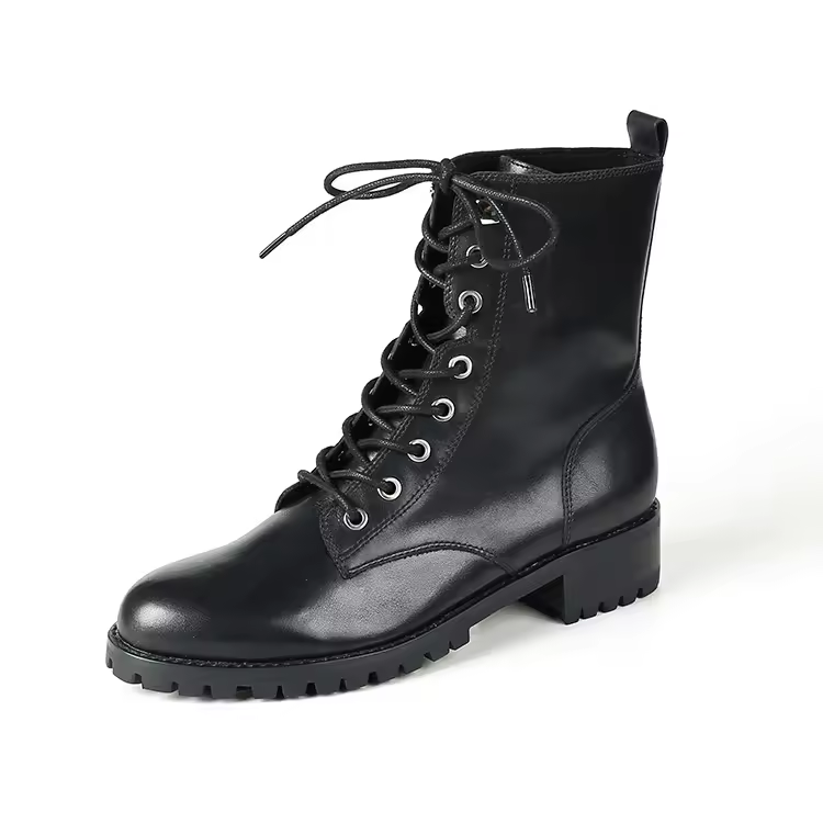 Wholesale Custom Logo Classic Black Genuine Leather Winter Lace Up Ankle Boots Women Shoes