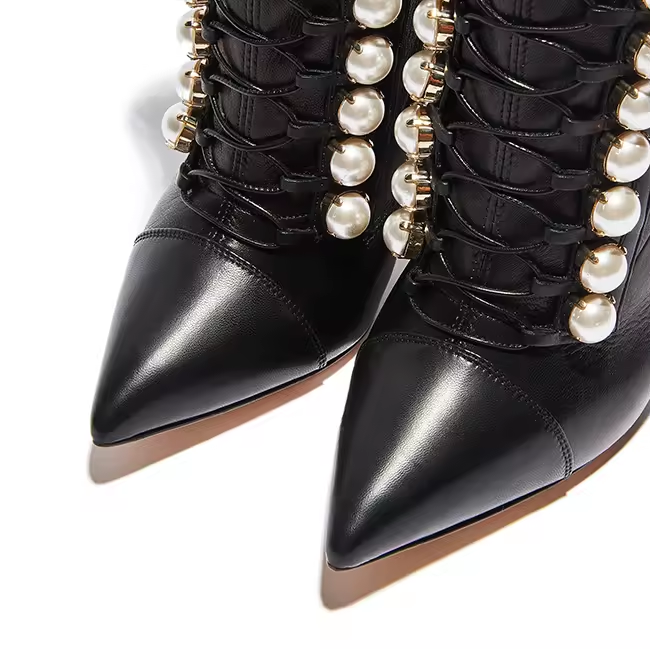 Winter Pointy Toe With Pearl Decoration Lace Up Sexy Super High Heel Women Ankle Booties