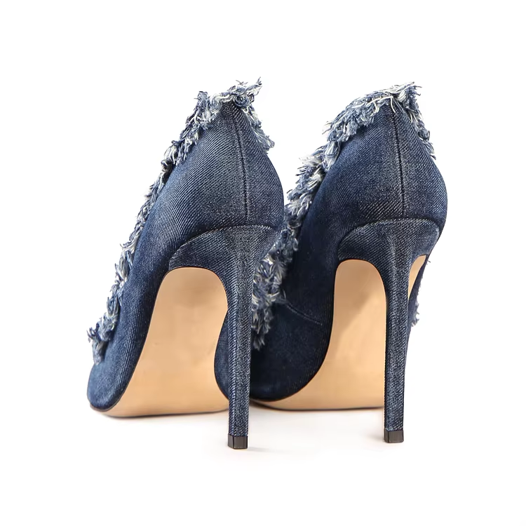 Summer new design trend luxury comfortable frayed denim 10cm high heel pointed toe women pumps shoes