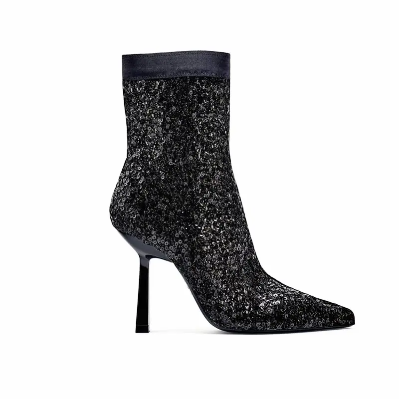 Fashion Pointed Toe Ankle Heel Latest Sequin Embroidery Newest Design Luxury Ladies Boots