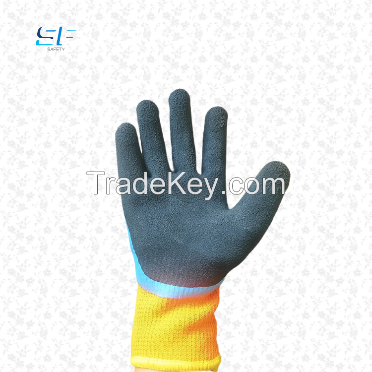 Warm terry fleece-lined double layer latex foam fully coated winter waterproof working gloves water resistance gloves