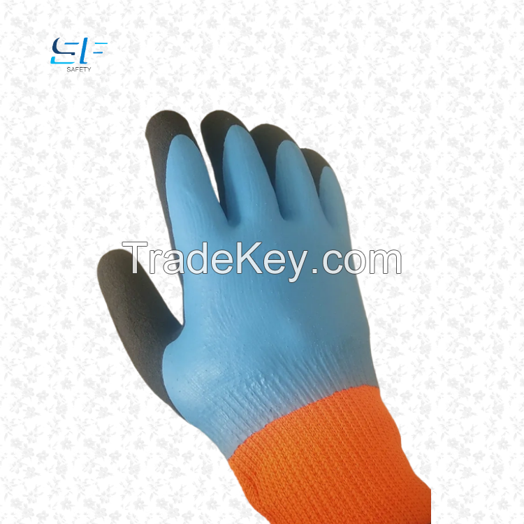 Warm terry fleece-lined double layer latex foam fully coated winter waterproof working gloves water resistance gloves