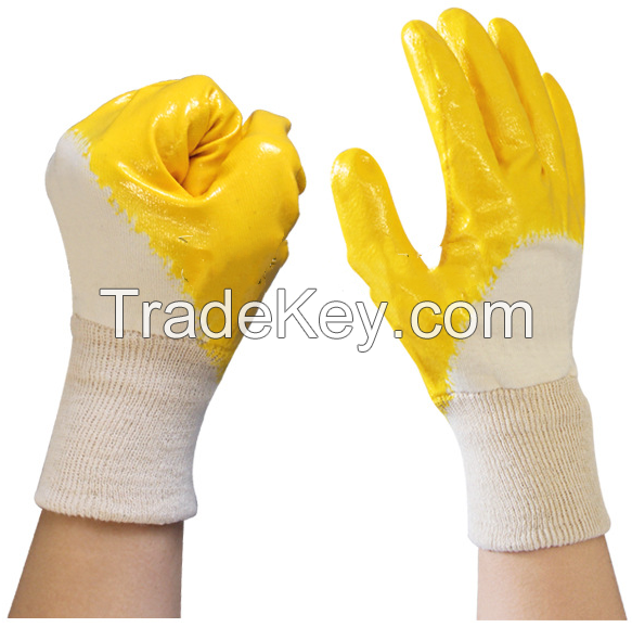 Manufacturers Direct Cotton Cloth Yellow Nitrile Semi-immersed Oil Resistant Hand Protective Gloves