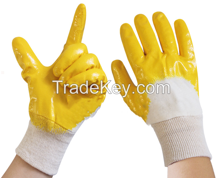 Manufacturers Direct Cotton Cloth Yellow Nitrile Semi-immersed Oil Resistant Hand Protective Gloves