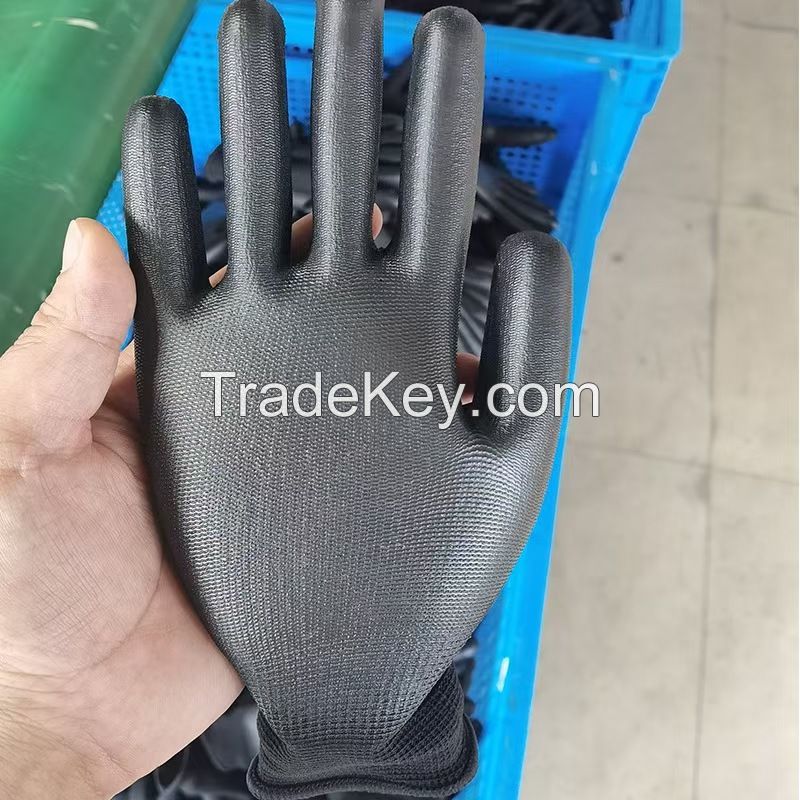 Wholesale Polyester Knitted Black PU Palm Coated Safety Work Gloves Industrial SAFETY Personal Protective Equipment