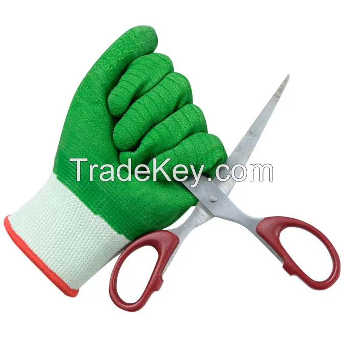 Manufacturer Supply Anti-cut Safe Working White Nylon Green Latex Coated Gloves for Work