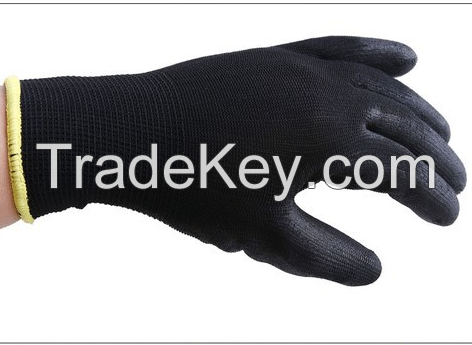 Custom Polyester Liner Black Elastic Cuff Glove Anti Slip Wear Resistance PU Coated Work Gloves