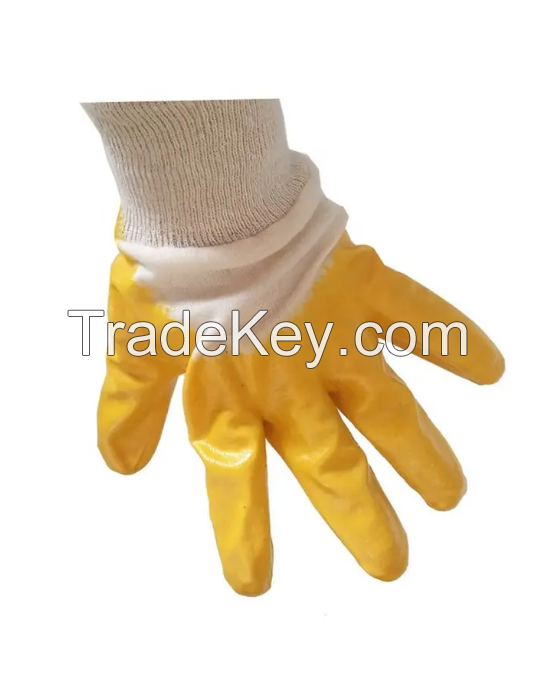 Manufacturers Direct Cotton Cloth Yellow Nitrile Semi-immersed Oil Resistant Hand Protective Gloves