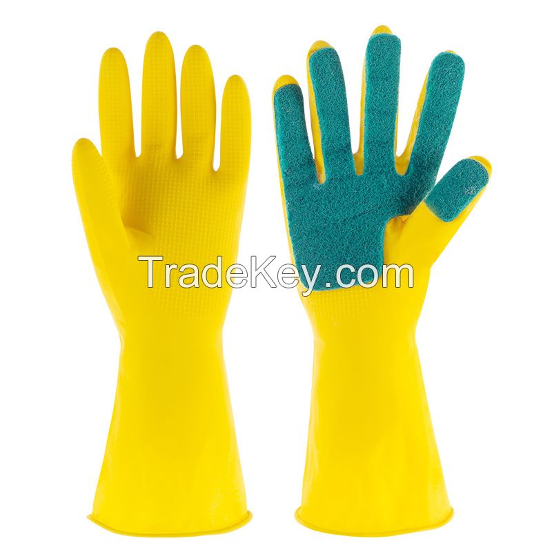 Wholesale Household Cleaning Latex Gloves Silicone Dishwashing Gloves Kitchen Rubber Gloves With Sponge Scouring Pad