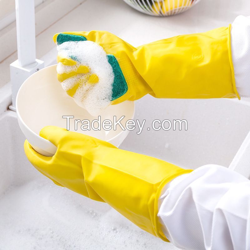 Reusable Household Cleaning Rubber Gloves Kitchen Dish Washing Cleaning Glove With Scouring Pad