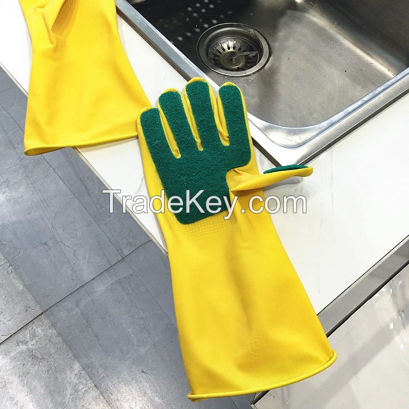 Wholesale Household Cleaning Latex Gloves Silicone Dishwashing Gloves Kitchen Rubber Gloves With Sponge Scouring Pad