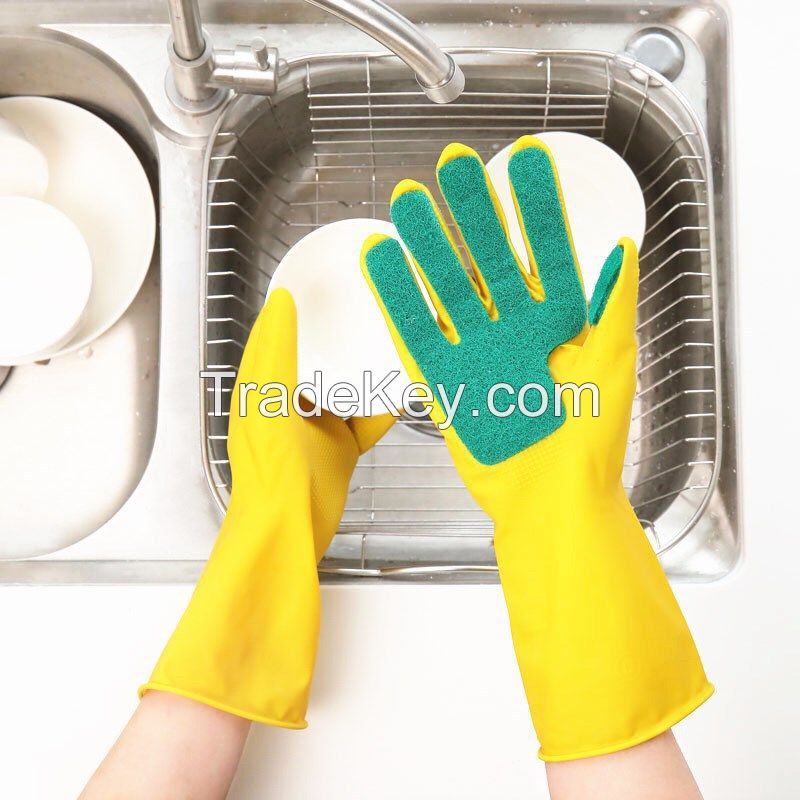 Wholesale Household Cleaning Latex Gloves Silicone Dishwashing Gloves Kitchen Rubber Gloves With Sponge Scouring Pad