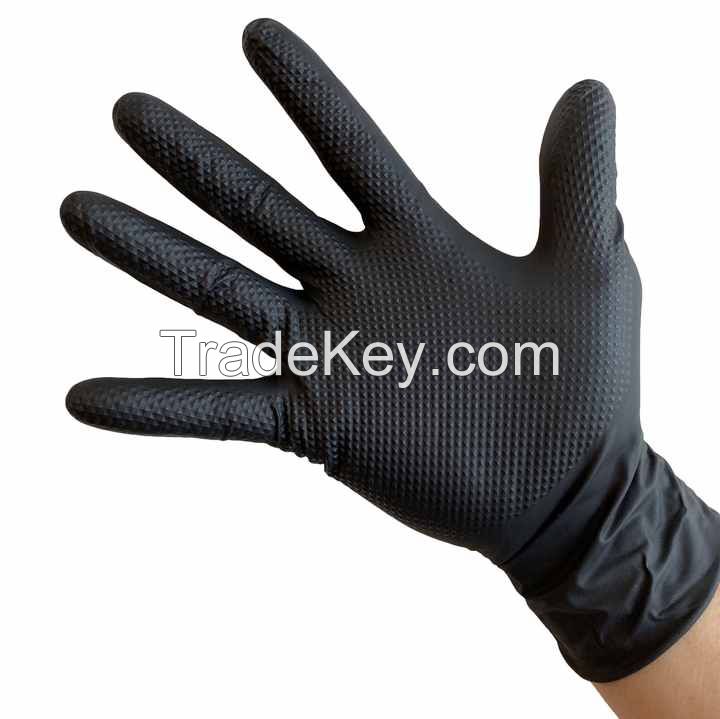 Best Seller Industrial Mechanical Heavy Duty Powder Free 8mil Black Orange Diamond Grip Work Nitrile Gloves