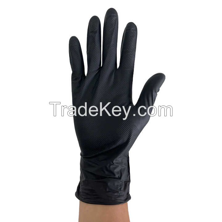 Best Seller Industrial Mechanical Heavy Duty Powder Free 8mil Black Orange Diamond Grip Work Nitrile Gloves