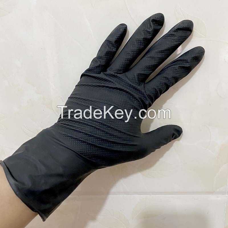 Best Seller Industrial Mechanical Heavy Duty Powder Free 8mil Black Orange Diamond Grip Work Nitrile Gloves
