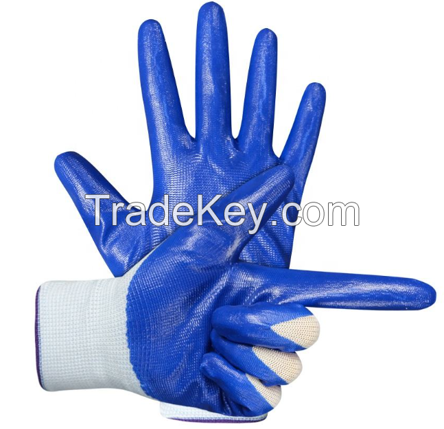 Blue Nitrile Coated Gloves Oil-proof Nitrile Plam Gloves Smooth Finished Nitrile Coated Safety Work Gloves