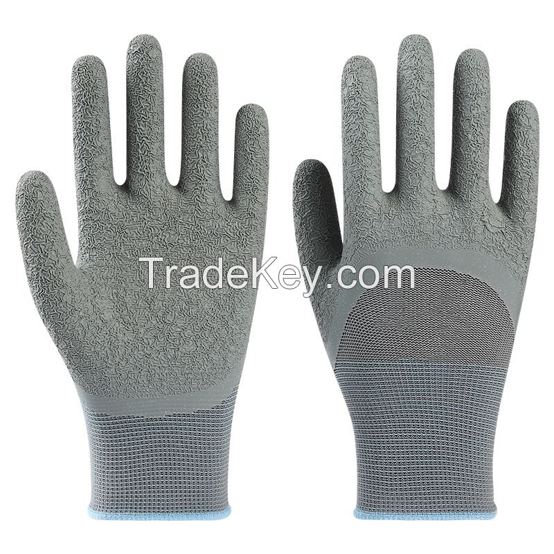13-strand grey nylon thread breathable latex wrinkled wear-resistant anti-slip breathable safety protective gloves