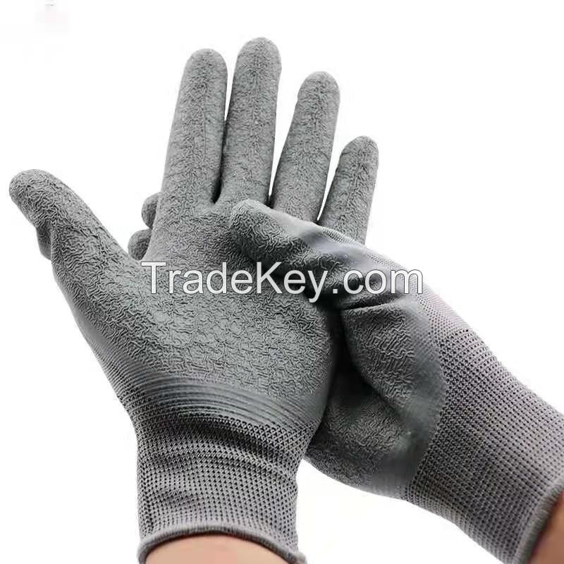 13-strand grey nylon thread breathable latex wrinkled wear-resistant anti-slip breathable safety protective gloves