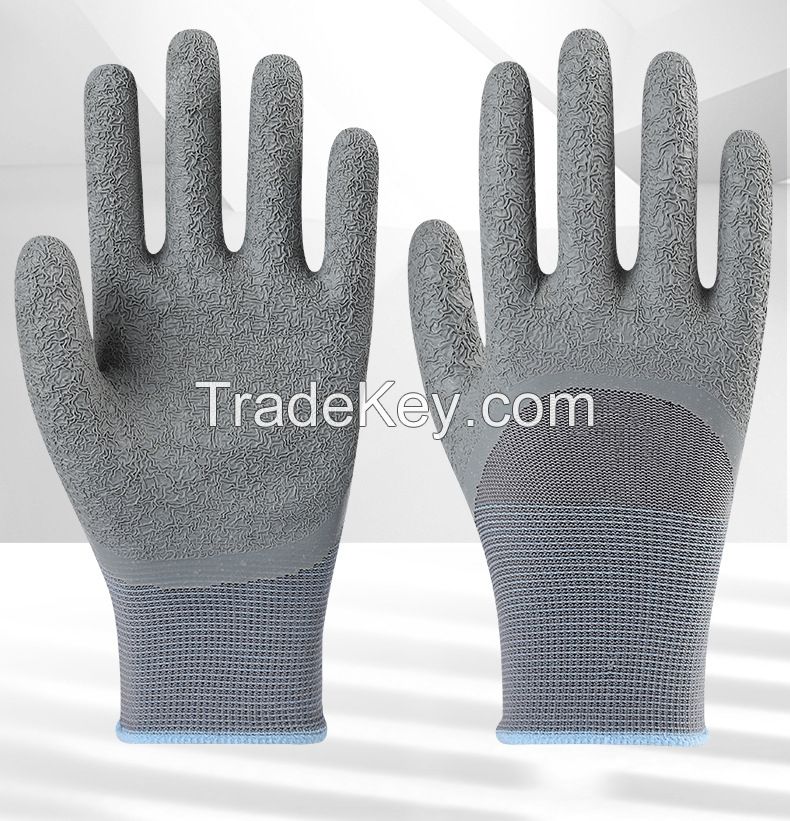 13-strand grey nylon thread breathable latex wrinkled wear-resistant anti-slip breathable safety protective gloves