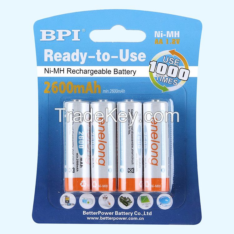 BPI 4 Pieces AA 2600mAh 1.2V Long Life And Low Self Discharge Ni-Mh Ba