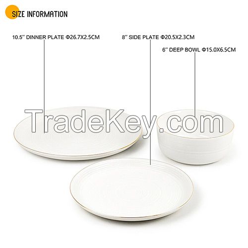 12 pc Embossed White Porcelain Tableware With Gold Rim